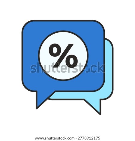 Two overlapping speech bubbles in blue tones contain a central circle with a bold percentage sign. The simple composition highlights discount and price reduction communication.