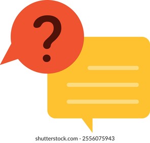 Two overlapping speech bubbles, one yellow with text lines, and the other red with a question mark, representing a conversation or inquiry.