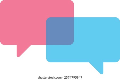 Two overlapping speech bubbles, one pink and one blue, with the overlapping area creating a purple section. Communication, dialogue.