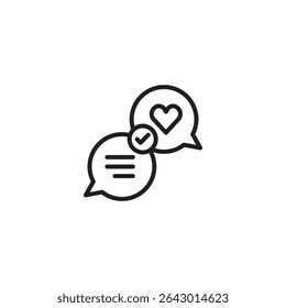Two overlapping speech bubbles: one with a heart, the other with text lines and a checkmark. Represents confirmed loving messages or acknowledged heartfelt communication.