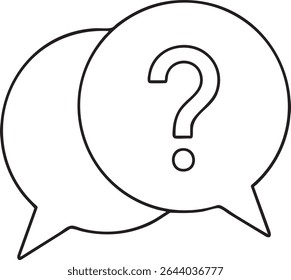 Two overlapping speech bubbles, one containing a question mark, are depicted in a clean, minimalist black and white line drawing.