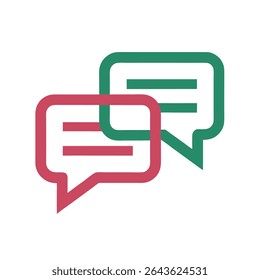 Duas bolhas de fala sobrepostas em rosa avermelhado e verde azul-azulado cores simples comunicação ícone design