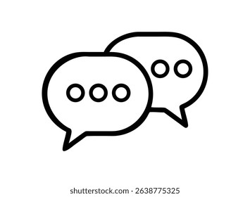 Two overlapping speech bubbles with three dots in each, representing communication, conversation, or dialogue. Simple, bold black outline on a transparent background, ideal for app icons.