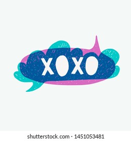 Two overlapping speech bubbles with Xoxo inscription. Colorful comic bubbles. Cartoon style vector illustration with banner made of two hand drawn balloons. Great design element for sticker, print