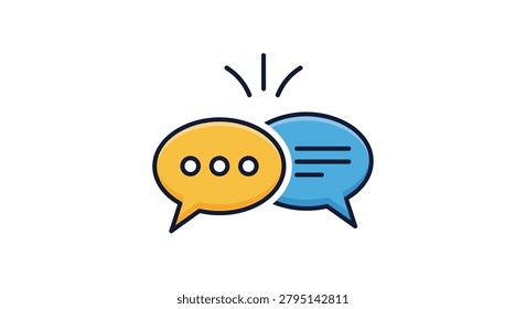 Two overlapping speech bubbles in yellow and blue colors representing a conversation or debate between two parties.