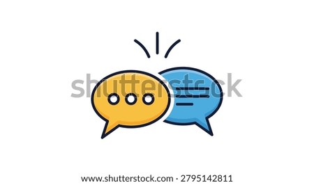 Two overlapping speech bubbles in yellow and blue colors representing a conversation or debate between two parties.