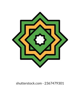 Two overlapping square fo arabic calligraphy. Spiritual tradition. Quran, Emblems and flag. Rub el hizb, eight pointed star, arab culture icon. Vector illustration. Design on white backgound. EPS 10