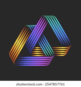 Two overlapping triangles logo vibrant geometric optical illusion with colorful twisted thin parallel lines forming an infinite triangular shape, dynamic stripes gradient hues on dark background.