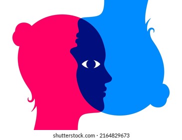 Dos cabezas superpuestas de mujeres, mirando entre ellas, boca abajo, con un ojo compartido. Punto de vista, concepto psicológico de ilustración vectorial.