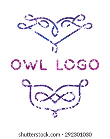 Two owl logos with curls in grunge style. Vector.