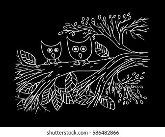 Two owl on tree hand drawing illustration. Decorative style