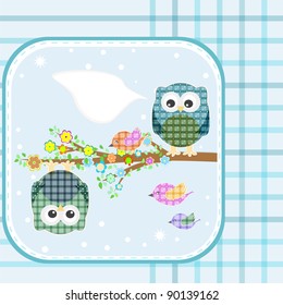 Two owls and birds on the tree. Vector illustration