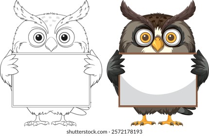 Two owls with blank signs for messages