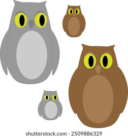 Two owls are brown and gray with large yellow eyes. Minimalist drawing of a forest owl