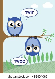 Two owls calling twit twoo to each other