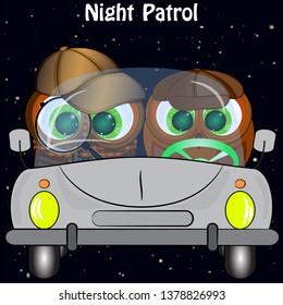 two owls in the car. night patrol.owl detective. cartoon vector illustration.