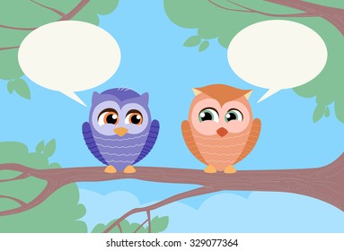 Two Owls Chat Communication Sitting on Branch Flat Vector Illustration 