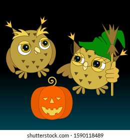 two owls girl in a green hat and with a broom in hand  and a boy celebrate Halloween next to a pumpkin, color vector illustration