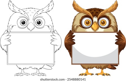 Two owls holding blank signs for messages