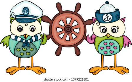 Two owls holding a ship wheel
