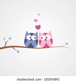 two owls in love, simple romantic illustration