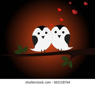 Two owls in love sitting on a branch in an embrace on a background of the moon. Vector.