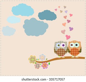 Two owls and love tree sitting on branch, vector illustration