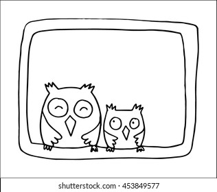 two owls mother and baby. sketchy style
