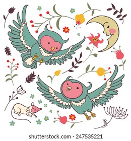 Two Owls, mouse and moon object on white background. Children illustration design element collection. VECTOR.