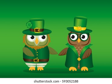 Two owls in national costume at Patrick's Day holding hands. Greeting card with owlet. Free space for your ad or text. Vector illustration on green background