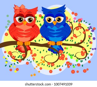 Two owls on blossoming tree branches: a pink girl and a blue boy. The concept of love and sympathy