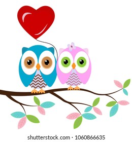 two owls on a branch with heart air balloon