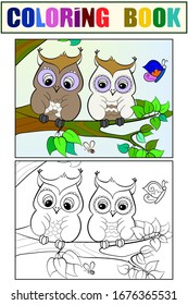 Two owls on a branch. Set of children art coloring book and drawing. Vector illustration.