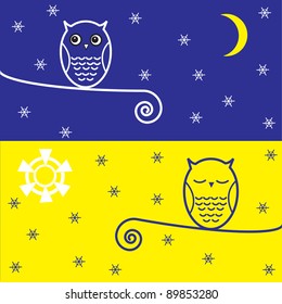 Two  owls on branch with snowflakes. Night and day.Vector postcard.