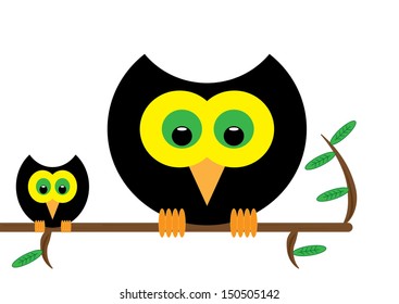 Two Owls on a Branch. Vector