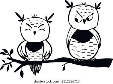 zwei Eule auf Zweig-Vektorgrafik. Freehand Zeichnung. Vektorgrafiken. eps