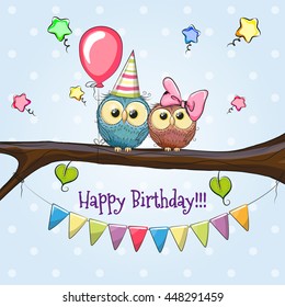 Two Owls on a brunch with balloon and bonnets