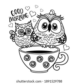 Two owls on a cup of coffee. Funny character. Black and white image. For the design of prints, posters, postcards, etc. Vector illustration