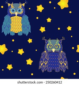 Two owls on deep night sky
