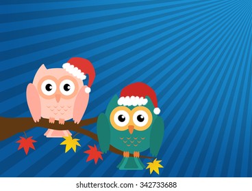 Two owls on maple tree wearing a red santa claus hat on blue sun ray background. Vector illustration design Christmas holiday background concept.