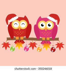 Two owls on maple tree wearing a red santa claus hat with christmas multicolor balls and colorful ornaments . Vector illustration design Christmas holiday background concept.