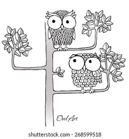 Two owls on the tree. Vector black and white illustration.