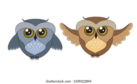 Two owls on a white background. Owl flapping its wings. Vector illustration. Character design