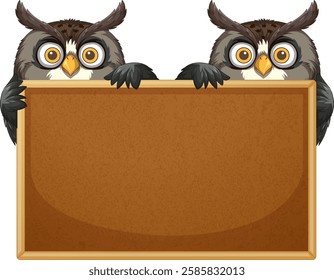 Two owls peeking over a blank wooden sign