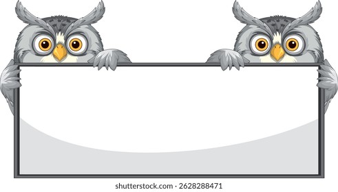 Two owls peeking over a blank rectangular sign