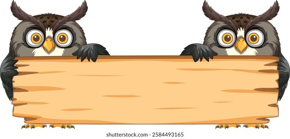 Two owls perched on a blank wooden sign