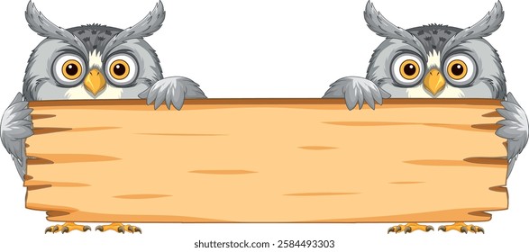 Two owls perched on a blank wooden sign