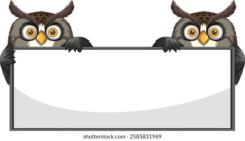 Two owls perched on a blank rectangular sign