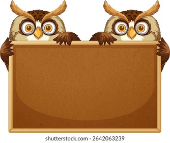 Two owls perched on a blank wooden sign