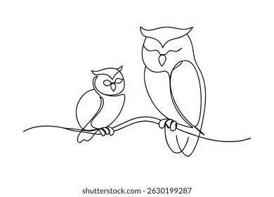 Two owls perched on a branch simple continuous line drawing illustration in black and white